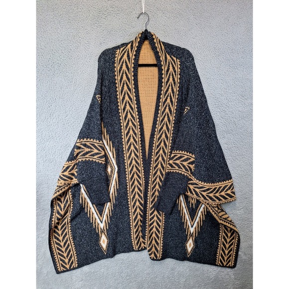 G.I.L.I. Sweaters - G.I.L.I. Poncho Cardigan Sweater Women M/L Black Beige Geometric Boho Open Front